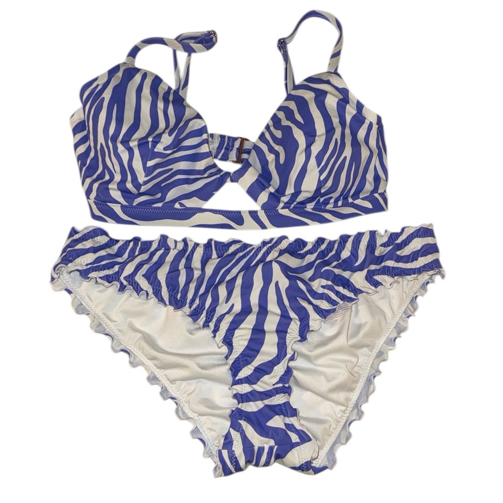 Shade & Shore Blue Purple Zebra Bikini Set 34D Top M Bottom Ruffle Trim Swim